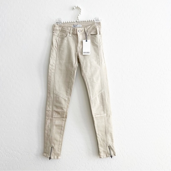 NEW Zara Women’s Skinny Moto Jeans Ankle Stitched Zippers Beige 2/26 NWT - Picture 1 of 7